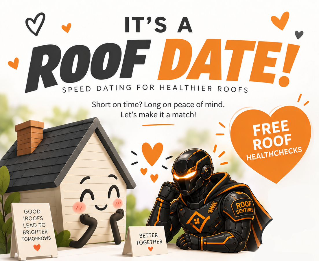 Promotional graphic for free roof health checks featuring a smiling house and armored “Roof Sentinel” “It’s a Roof Date!”