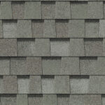 CertainTeed Landmark Pro shingles in Max Def Cobblestone Gray. Roofing material showing texture and color. Durable home protection with architectural style.