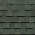 CertainTeed Landmark Pro Max Def Evergreen shingles close-up. Roofing material displaying a consistent, textured evergreen color and dimensional appearance.