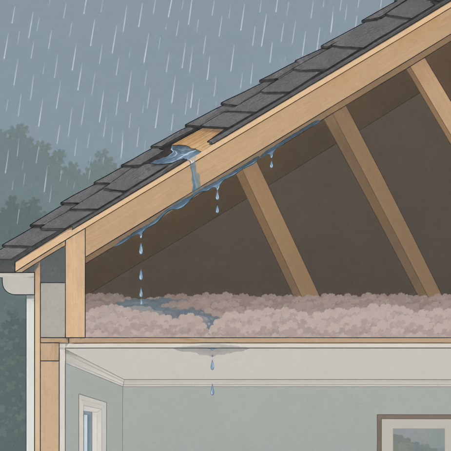 Residential roof with missing shingles exposing vulnerable areas that can lead to water leaks