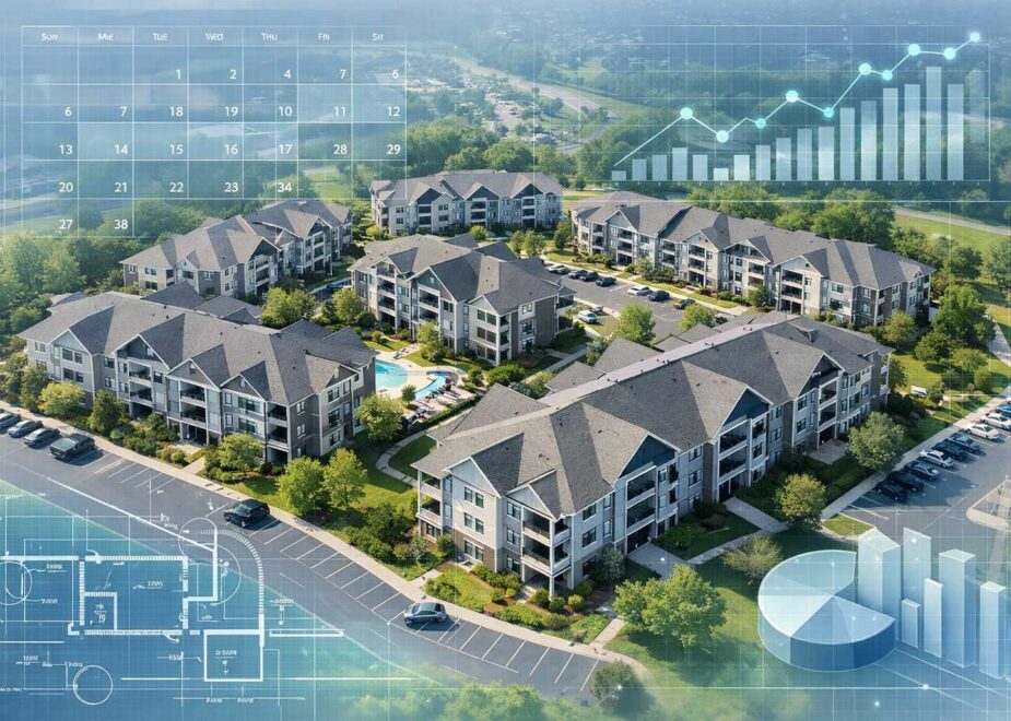 Aerial view of an apartment complex with superimposed calendar, graphs, and blueprints showing budgeting for roofing.