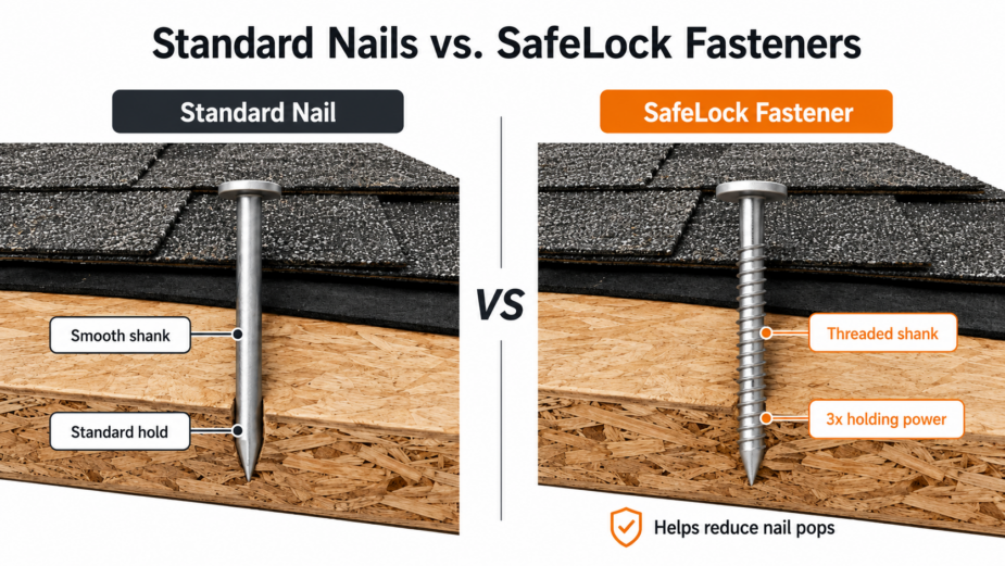 Side-by-side comparison of traditional roofing nails and a SafeLock fastener showing differences in design