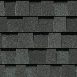 NorthGate by CertainTeed MaxDef Pewter asphalt roof shingles. Close-up of roofing material with a textured, dimensional appearance. Roofing detail.