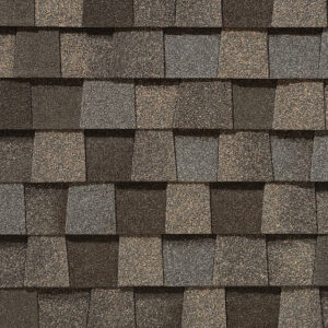NorthGate by CertainTeed MaxDef Weathered Wood shingles. A close-up showcases asphalt roofing shingles of varying brown and gray tones in a uniform pattern.
