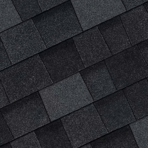Close-up of Owens Corning Duration Flex Shingles in a dark color for residential buildings. Durable fiberglass composite roofing material providing long-lasting protection and enhanced flexibility.