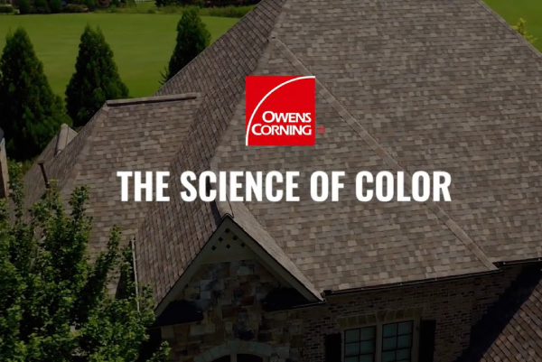 Owens Corning system on a roof, showcasing the color and texture. "The Science of Color" is superimposed over the image of the Owens Corning products.
