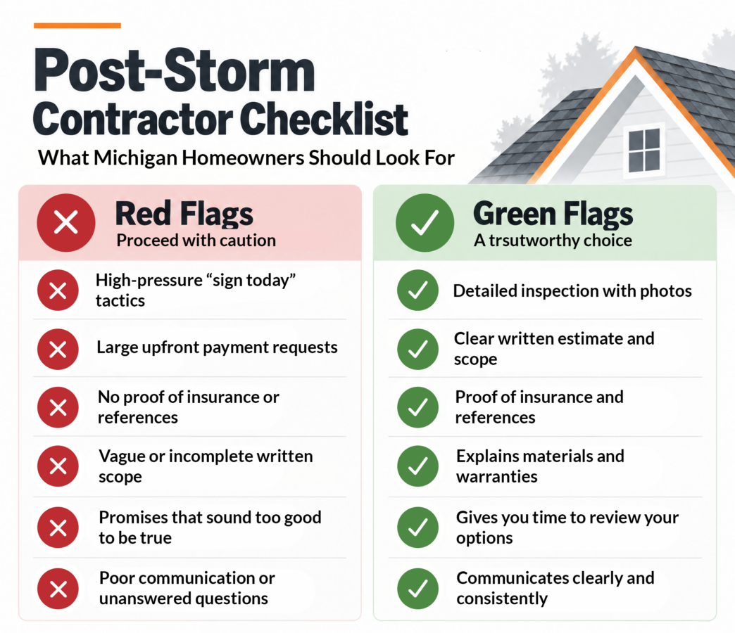 Post-storm contractor checklist infographic with steps to vet roofing contractors after storm damage