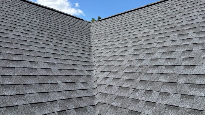 New GAF Timberline HDZ asphalt shingles installed in a residential roof valley in Dearborn.