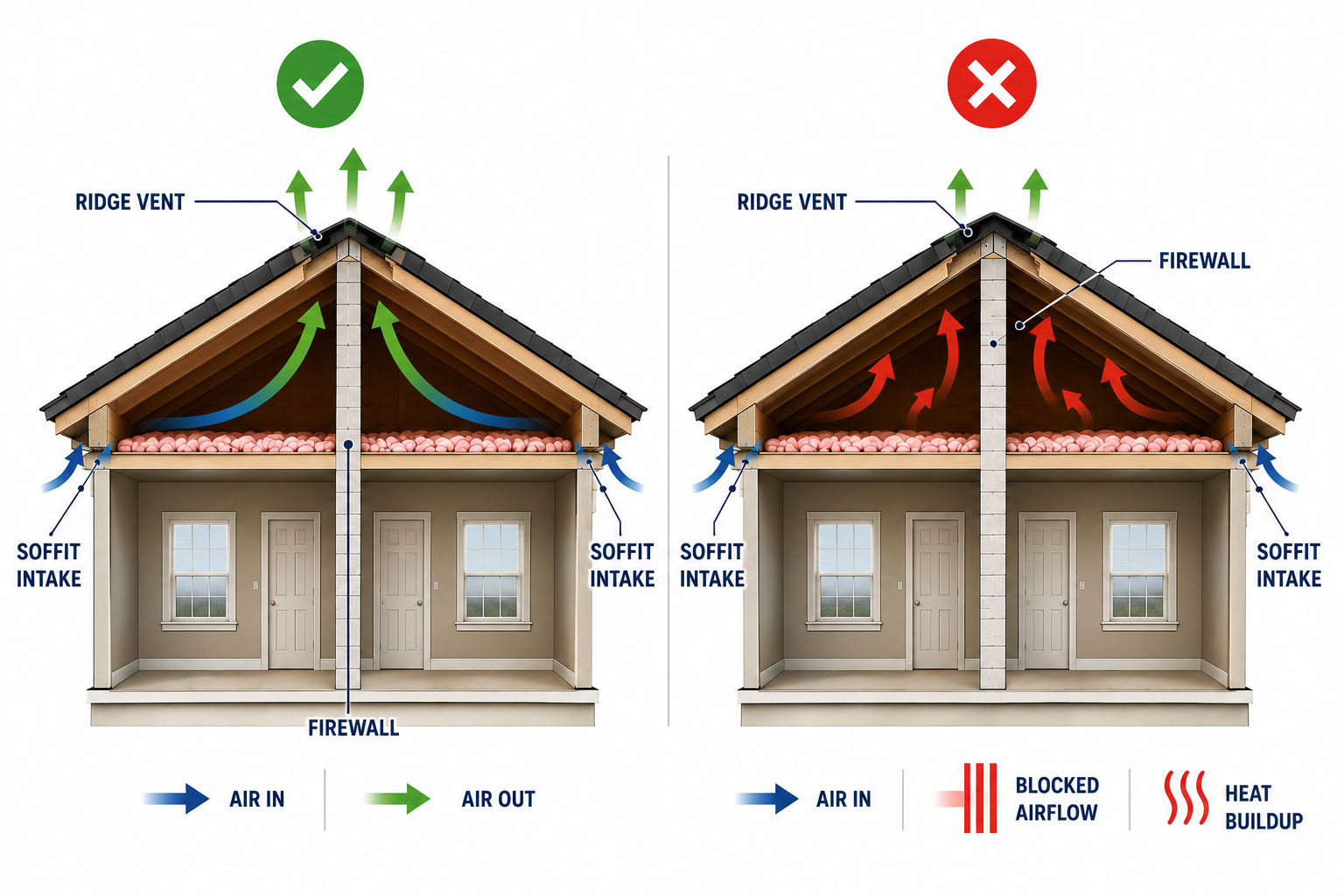How firewalls in the attic spaces of multi-family buildings impact ridge ventilation.