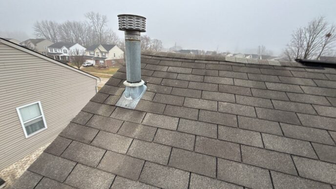 Before roofing in Westland, MI. Features a gray shingled roof with a metal vent pipe and cap. Houses are visible in the background. Robert K 5-Star Roofing