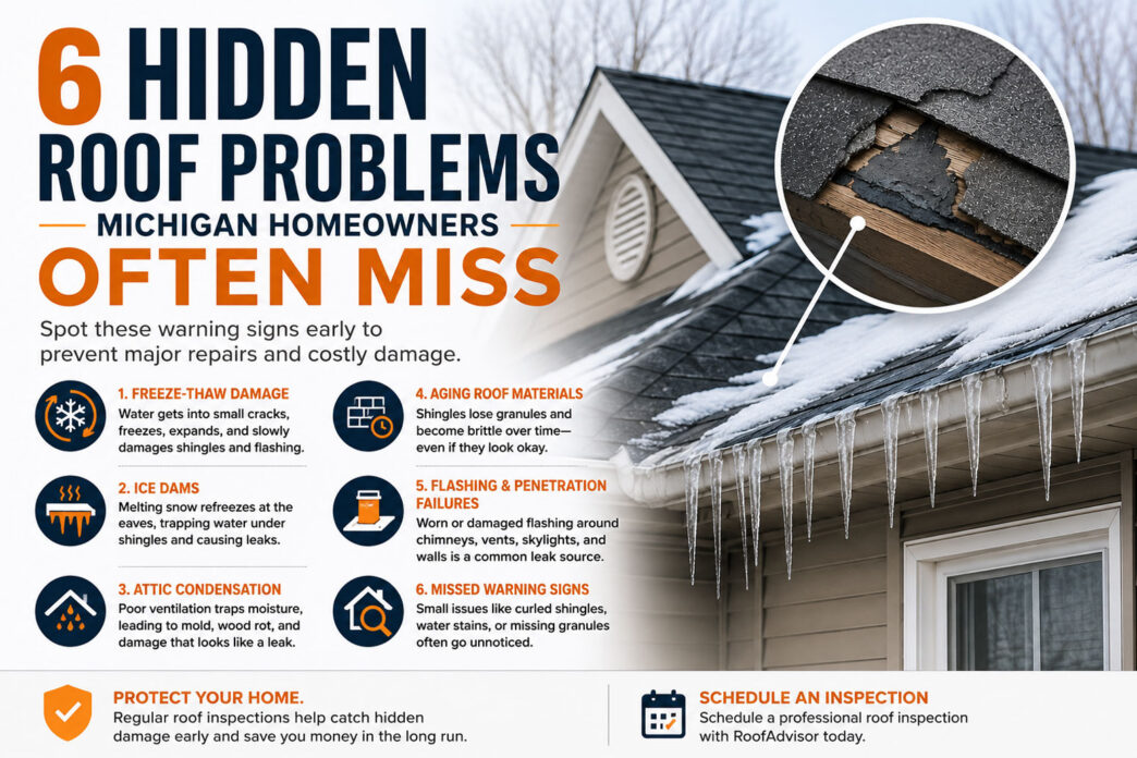 6 Hidden Roof Problems Michigan Homeowners Often Miss shows a house with icicles and a close-up of damaged shingles and roof rot.