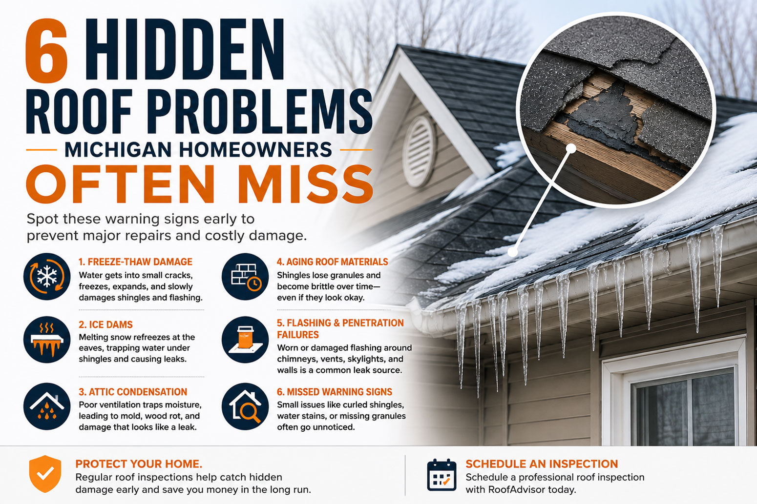 6 Hidden Roof Problems Michigan Homeowners Often Miss shows a house with icicles and a close-up of damaged shingles and roof rot.