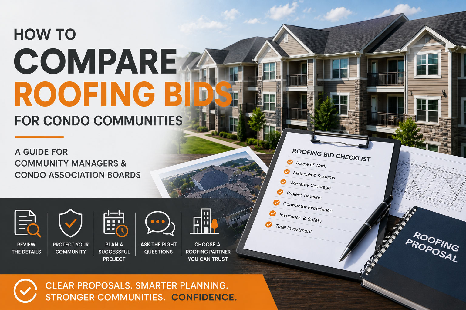 Modern infographic-style featured image showing a condominium community with roofing proposal documents and a roofing bid checklist on a desk. Large headline text reads “How to Compare Roofing Bids for Condo Communities” with supporting text for community managers and condo association boards. Visual highlights include proposal review icons, roofing plans, and a professional multi-family community background in RoofAdvisor brand colors of orange, dark gray, black, and white.