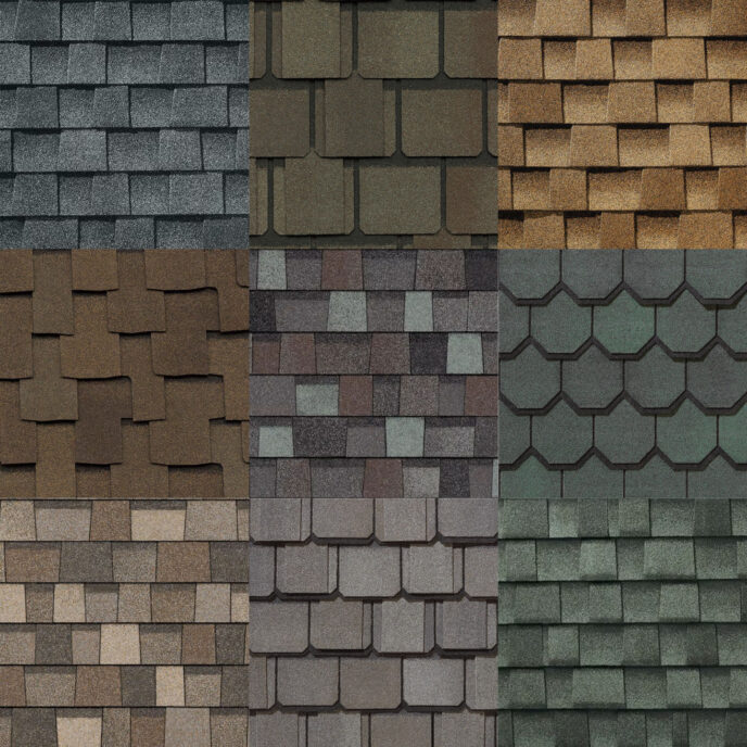 Roofing shingle options MI: An array of diverse roofing shingle selections showcasing various colors, patterns, and textures for residential roofing solutions.