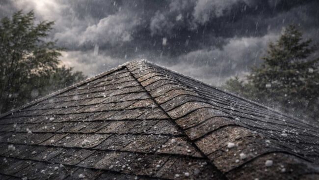 Spring storm roof inspection: Hail falls on a shingled roof during a spring storm, emphasizing the need for roof inspection before storm season hits hard.