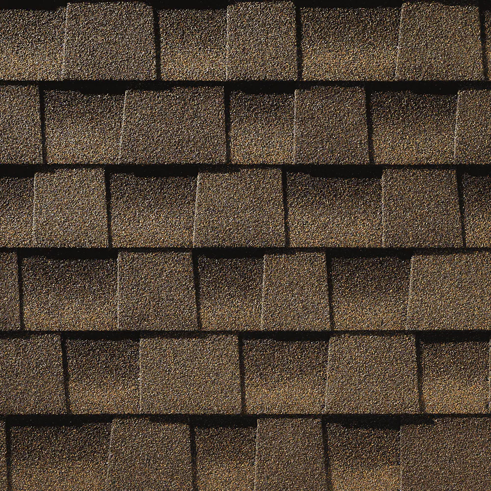 Close-up of GAF Timberline HDZ Barkwood Shingles.