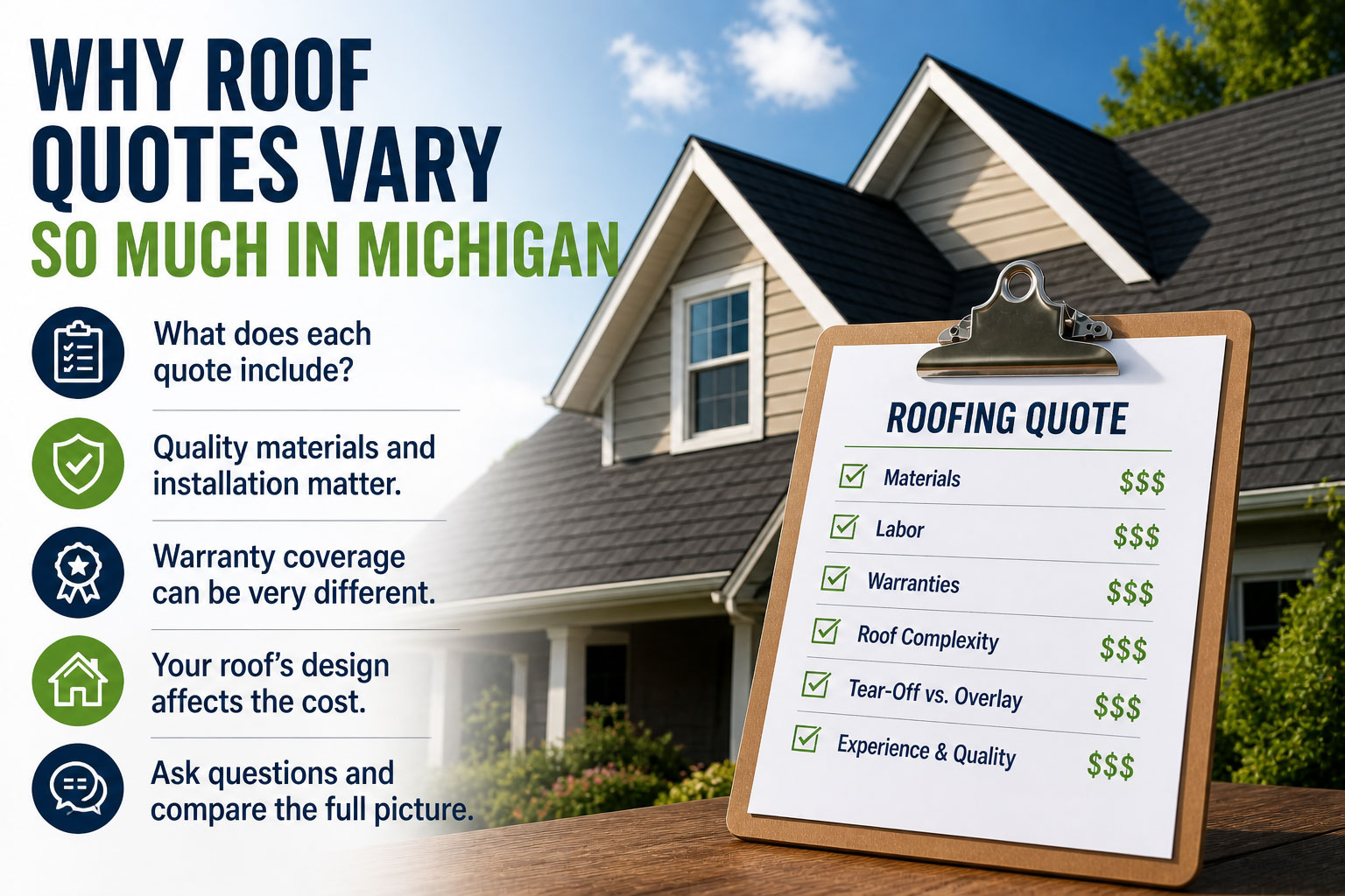 Why roof quotes vary so much in Michigan visual. Image features a house with a roof and clipboard with roofing quote details: materials, labor, warranties.