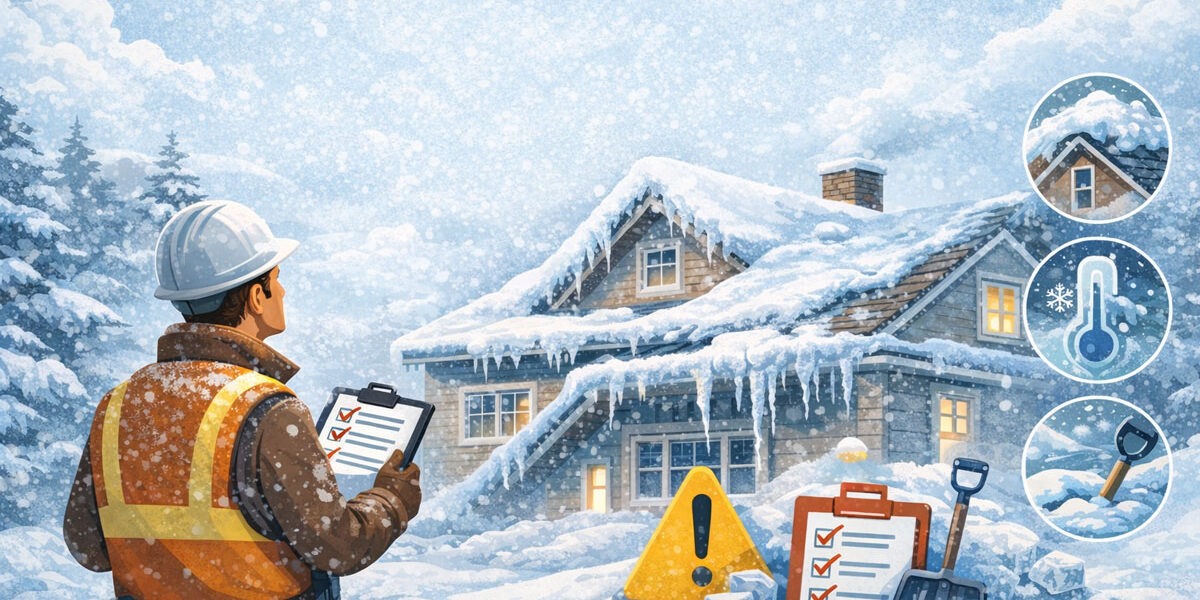 Winter time, home covered in snow, inspector outside with clipboard.
