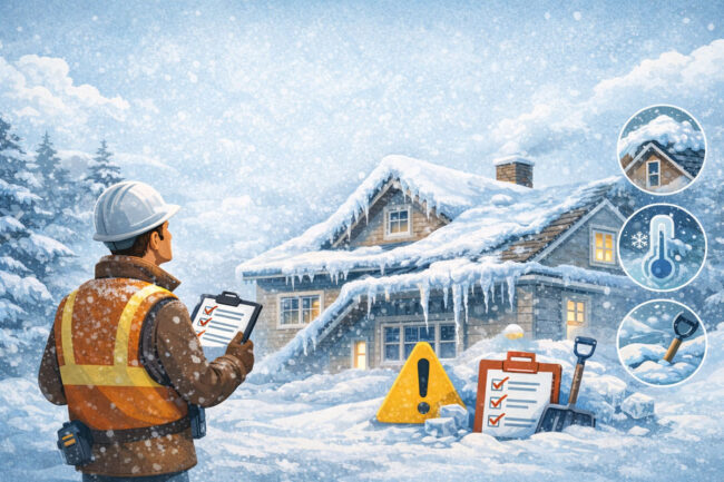 Winter time, home covered in snow, inspector outside with clipboard.